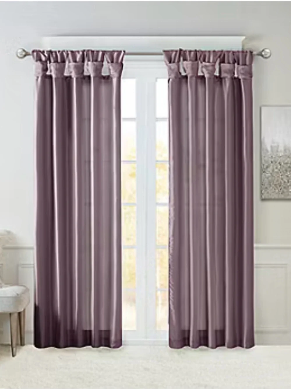 Madison Park Satin Emilia Purple Twist Tab Lined Window Curtain Panel 50” x 95”